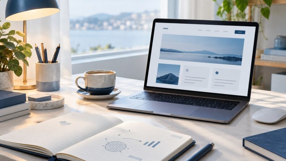 Sổ ghi chú và máy tính khi viết nội dung website