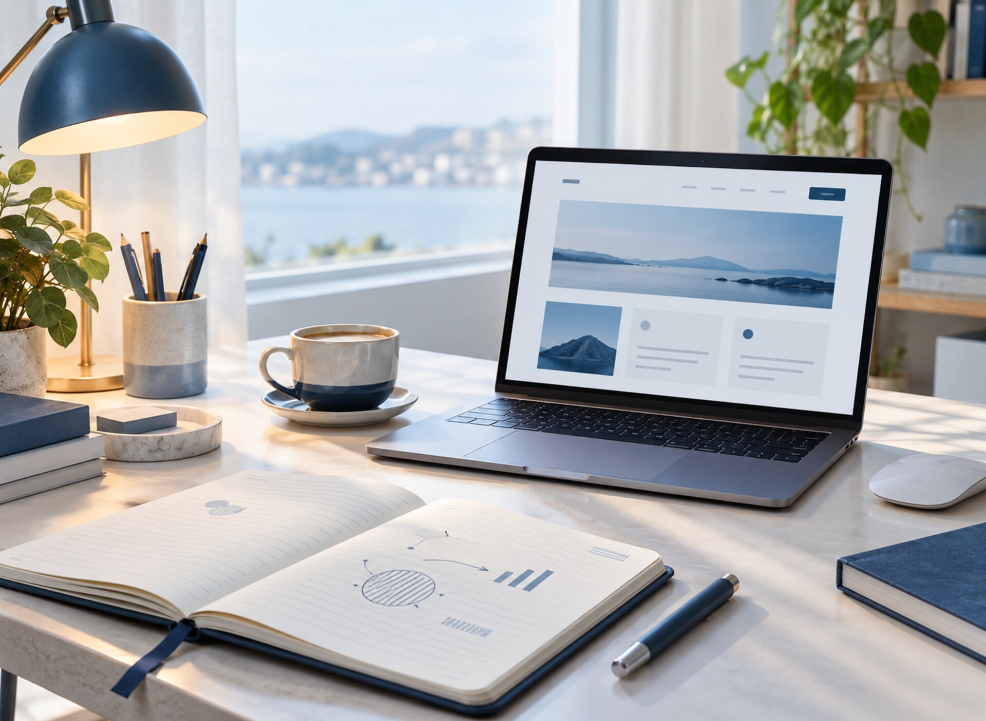 Sổ ghi chú và máy tính khi viết nội dung website